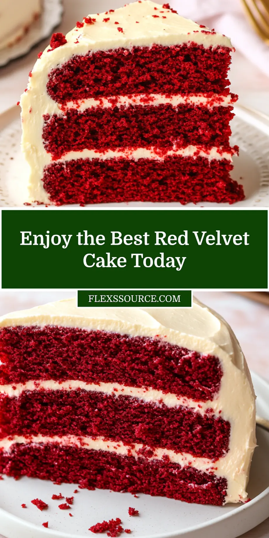 A perfectly sliced piece of Best Red Velvet Cake with rich cream cheese frosting, ready for serving or pinning