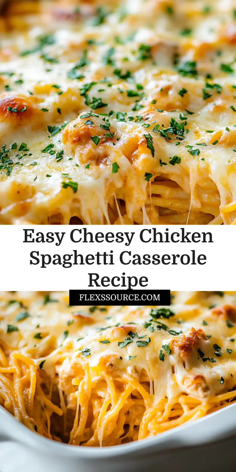 Cheesy Chicken Spaghetti Casserole Recipe - Comforting and Easy 3 CHEESY CHICKEN SPAGHETTI CASSEROLE RECIPE centered hero view, clean and uncluttered_pin