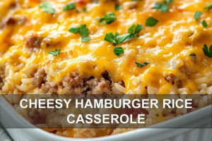 CHEESY HAMBURGER RICE CASSEROLE centered hero view, clean and uncluttered
