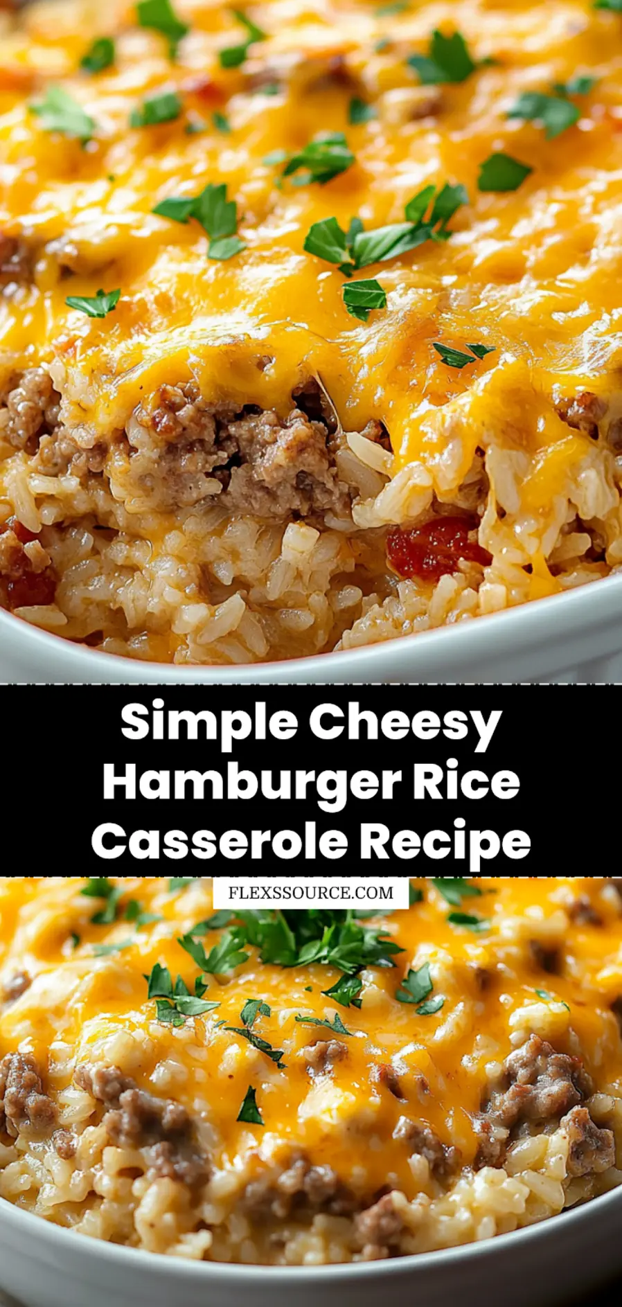 Cheesy Hamburger Rice Casserole: Easy and Delicious Recipe 3 CHEESY HAMBURGER RICE CASSEROLE centered hero view, clean and uncluttered_pin