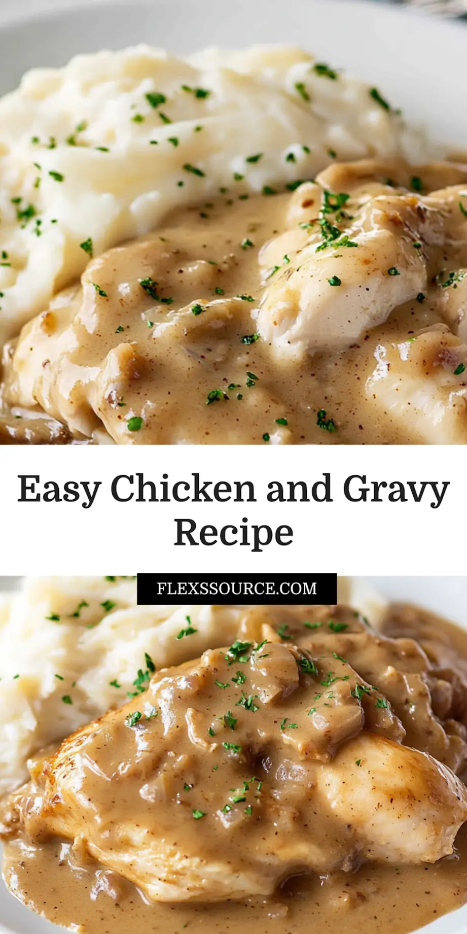 Chicken and Gravy Easy Comfort Recipe Youll Love 3 CHICKEN AND GRAVY centered hero view, clean and uncluttered_pin