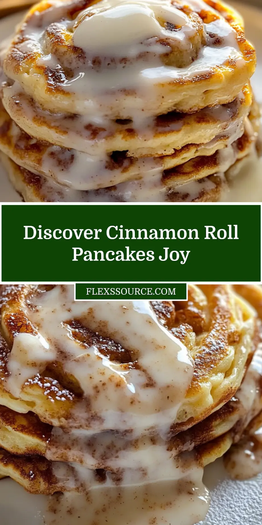 Cinnamon Roll Pancakes for a Delicious Breakfast Feast 3 CINNAMON ROLL PANCAKES centered hero view, clean and uncluttered_pin