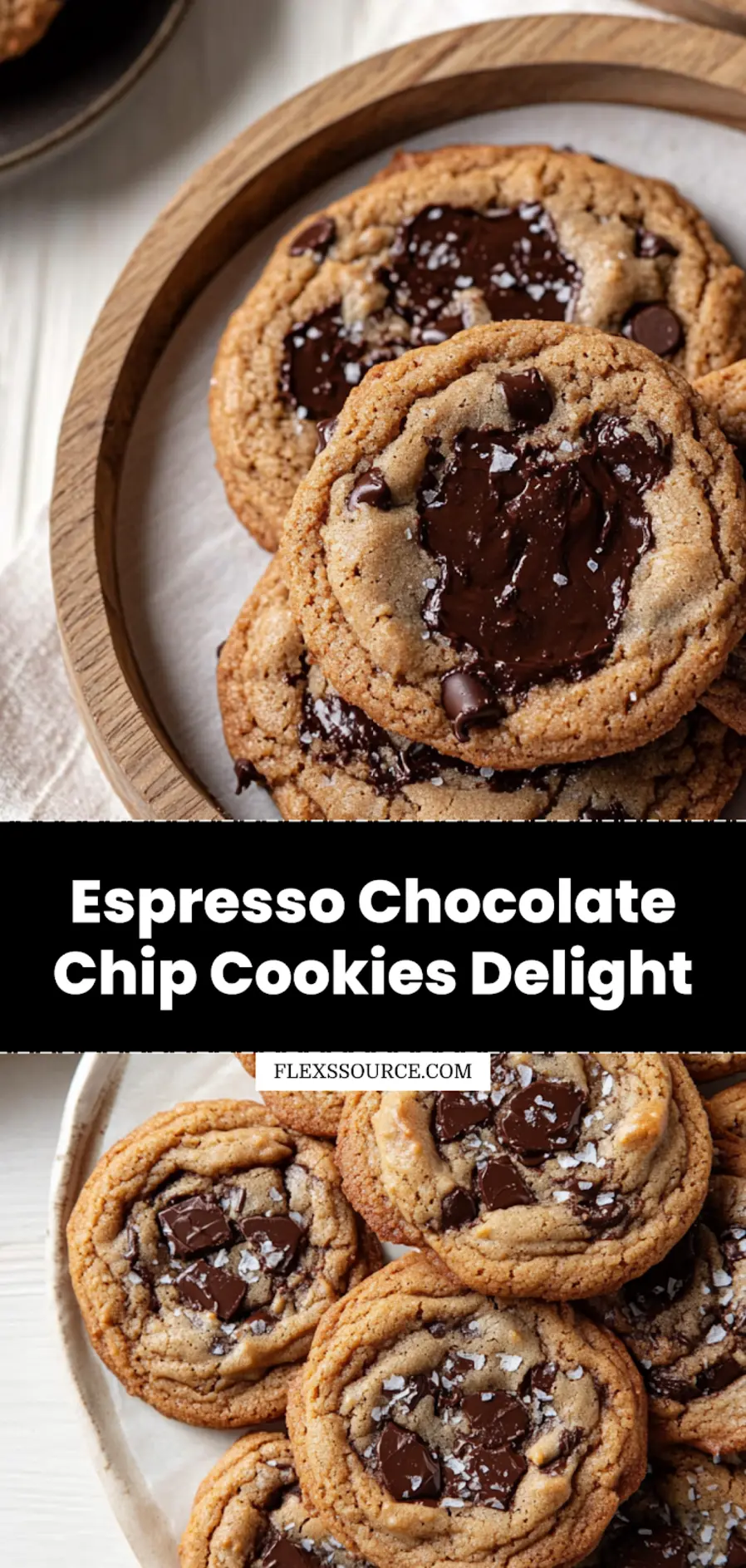 Beautifully baked Espresso Chocolate Chip Cookies with melted chocolate chips visible and a sprinkle of flaky sea salt, arranged on a cooling rack, ready to be enjoyed. Perfect for a Pinterest image.