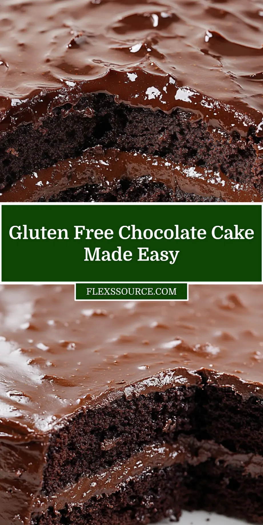 A slice of rich gluten-free chocolate cake with frosting, ready to be pinned.