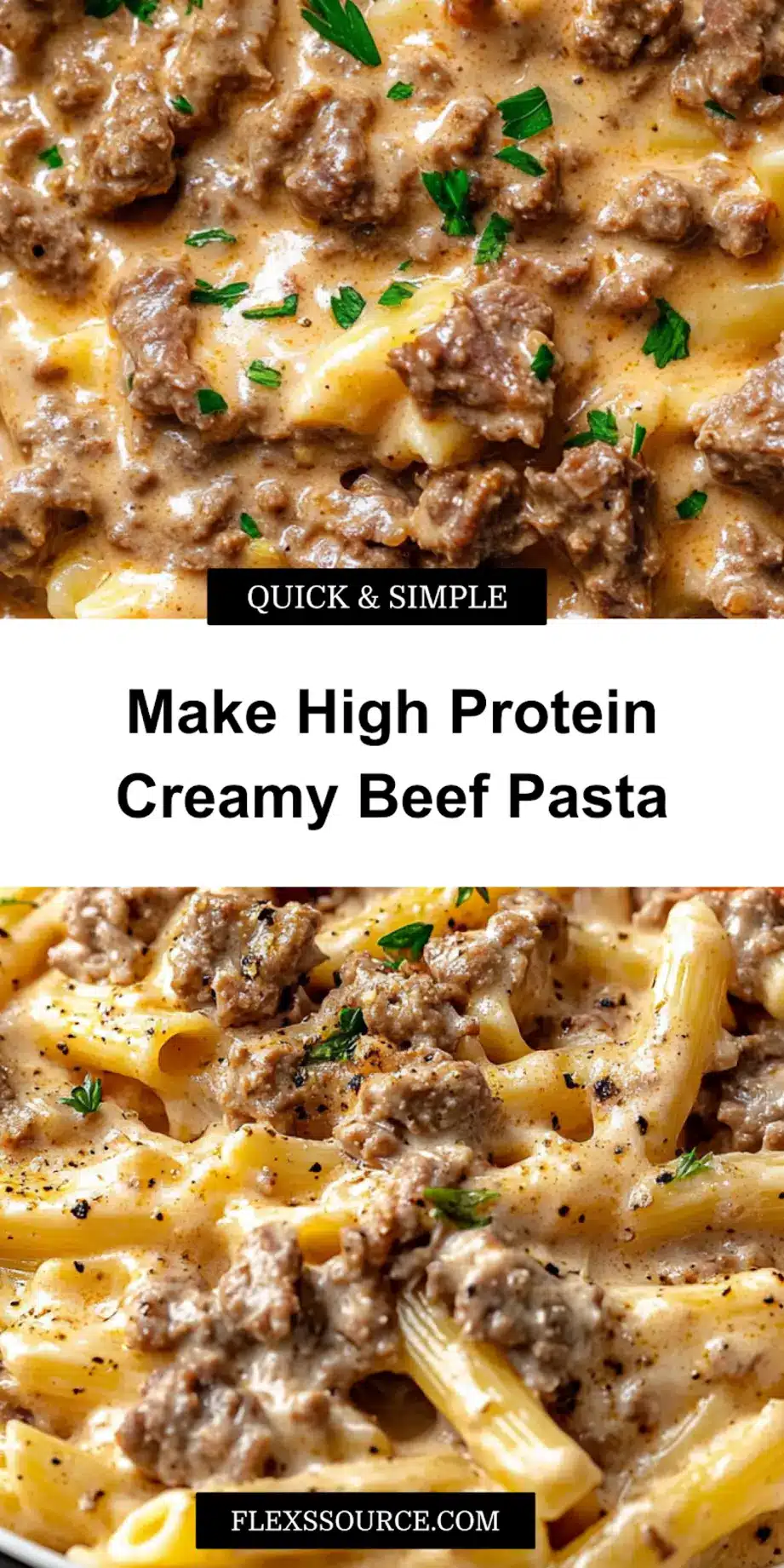 High Protein Creamy Beef Pasta Recipe Youll Love 3 HIGH PROTEIN CREAMY BEEF PASTA RECIPE centered hero view, clean and uncluttered_pin