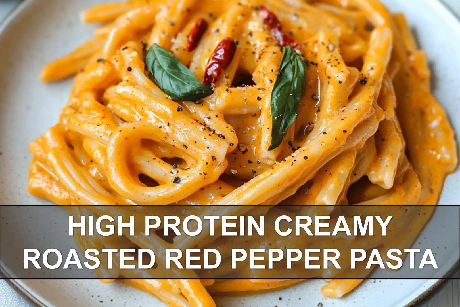 High-Protein Creamy Roasted Red Pepper Pasta Recipe - Delicious & Easy 2 HIGH PROTEIN CREAMY ROASTED RED PEPPER PASTA centered hero view, clean and uncluttered