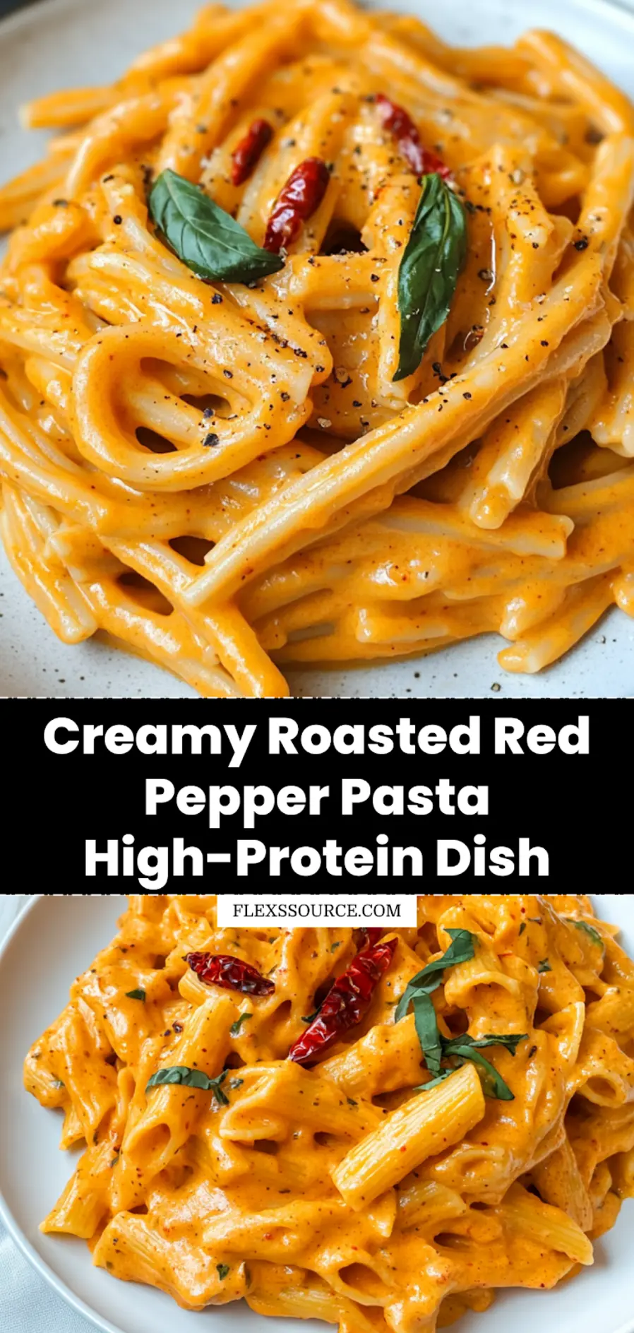 High-Protein Creamy Roasted Red Pepper Pasta Recipe - Delicious & Easy 4 HIGH PROTEIN CREAMY ROASTED RED PEPPER PASTA centered hero view, clean and uncluttered_pin