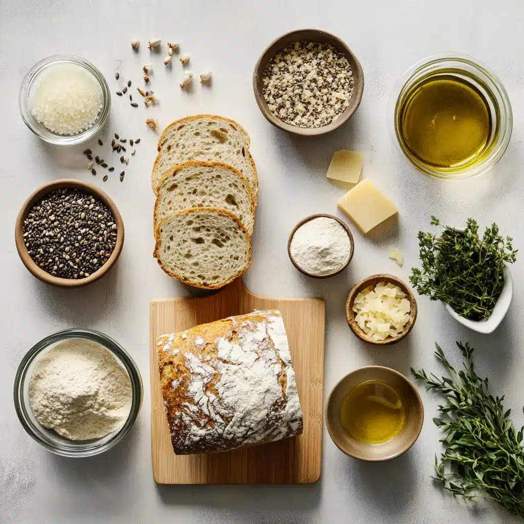 Discover Air Fryer Bread for Fresh Homemade Taste 3 Golden brown air fryer bread loaf, sliced, on a wooden board with a knife and fresh herbs