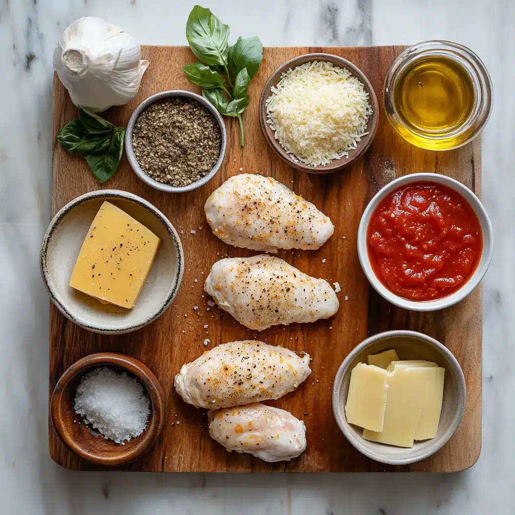 Close-up view of fresh ingredients for Air Fryer Chicken Parmesan: boneless chicken breasts, marinara sauce, shredded mozzarella cheese, breadcrumbs, grated Parmesan, olive oil, and Italian seasoning arranged neatly.