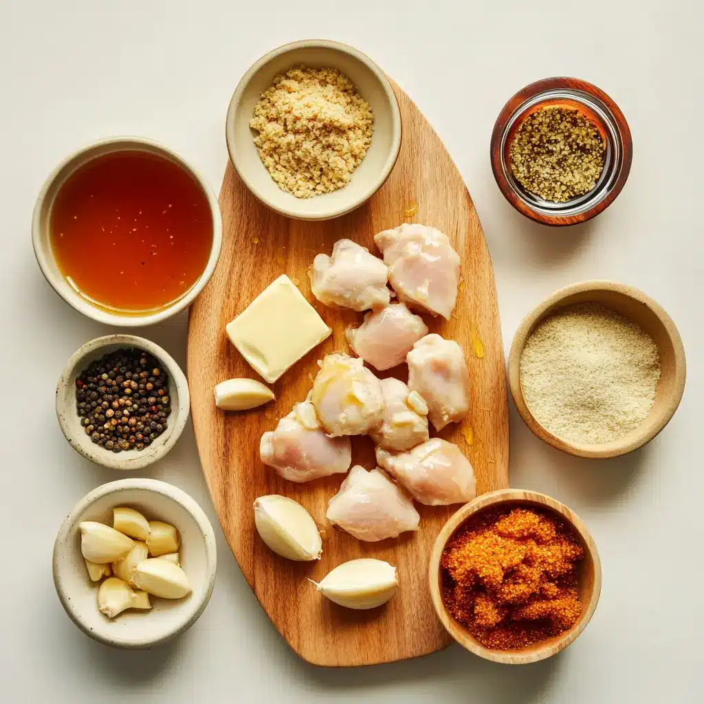 Close-up of raw chicken tenders, melted honey butter garlic sauce, and panko breadcrumbs, ingredients ready for Air Fryer Honey Butter Garlic Chicken preparation.