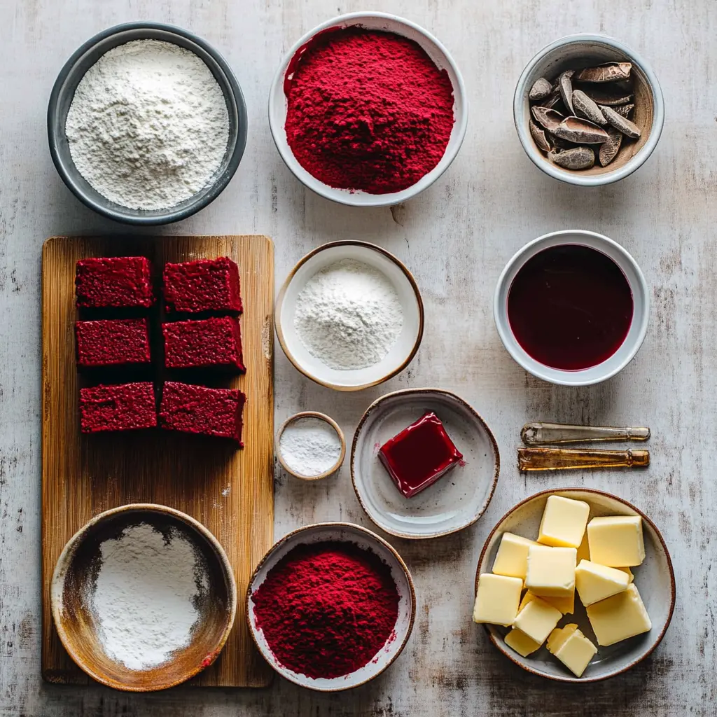 Vibrant red velvet cake ingredients, perfectly arranged and ready for baking