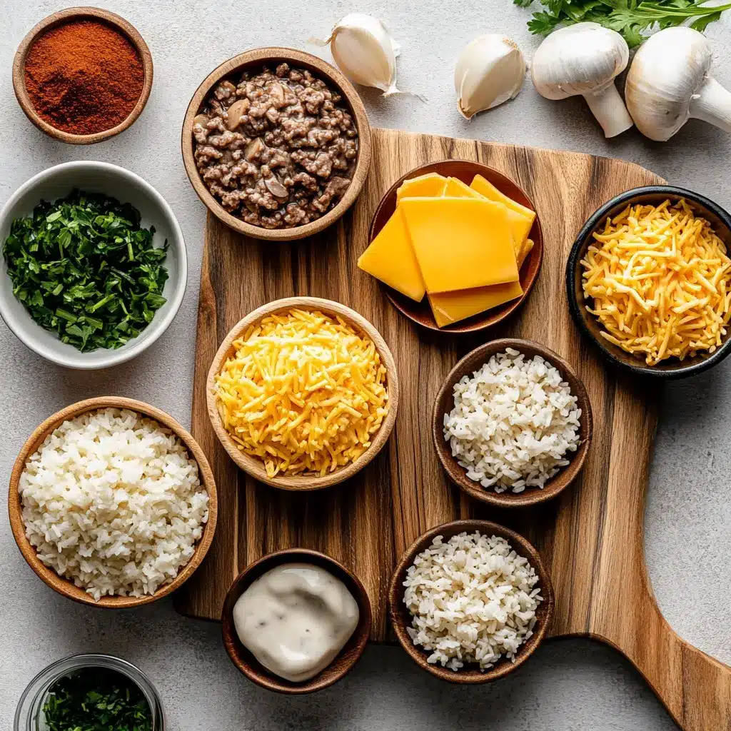 Cheesy Hamburger Rice Casserole: Easy and Delicious Recipe 2 CHEESY HAMBURGER RICE CASSEROLE centered hero view, clean and uncluttered