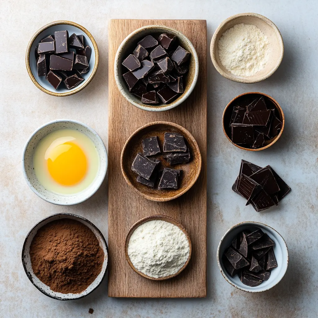 Overhead view of fresh ingredients for Espresso Chocolate Chip Cookies: flour, eggs, butter, espresso powder, brown and granulated sugar, and chocolate chips neatly arranged on a light background.