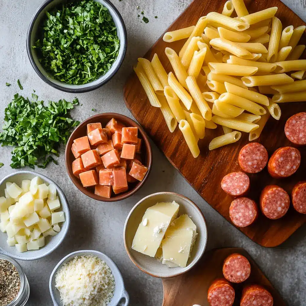 One Pot Kielbasa Pasta - Quick and Delicious Recipe! 3 ONE POT KIELBASA PASTA centered hero view, clean and uncluttered