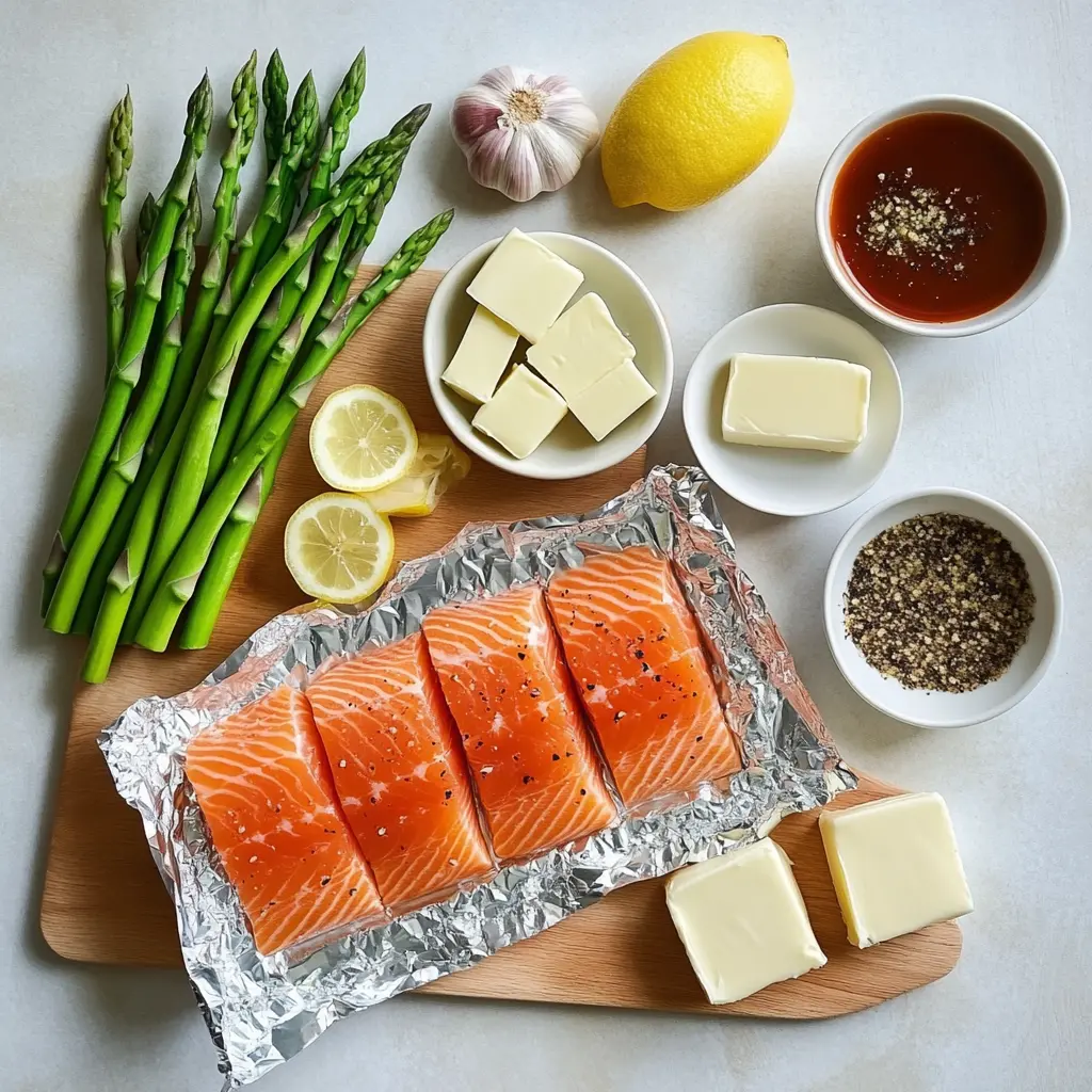 SALMON AND ASPARAGUS FOIL PACKS centered hero view, clean and uncluttered