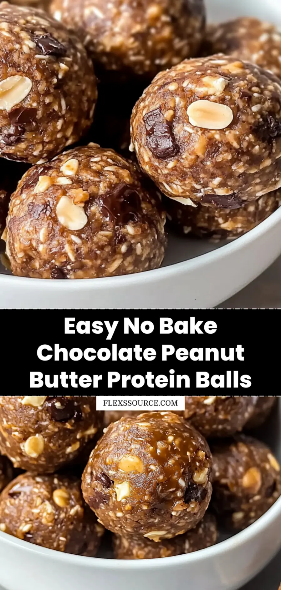 No-Bake Chocolate Peanut Butter Protein Balls Recipe 3 NO BAKE CHOCOLATE PEANUT BUTTER PROTEIN BALLS centered hero view, clean and uncluttered_pin