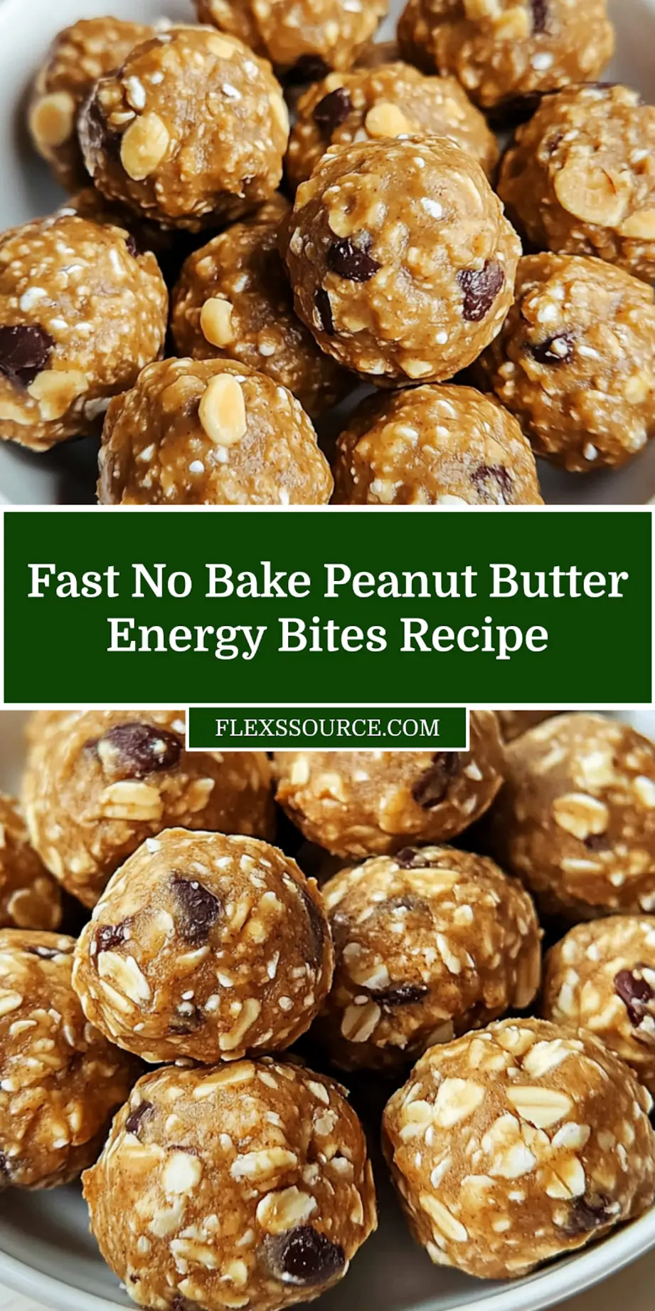 No Bake Peanut Butter Energy Bites Delicious and Easy Recipe 3 NO BAKE PEANUT BUTTER ENERGY BITES centered hero view, clean and uncluttered_pin