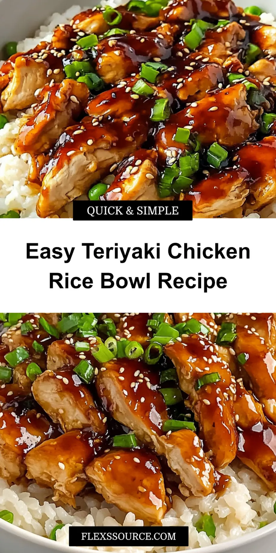 Teriyaki Chicken Rice Bowl Easy Delicious Recipe 4 TERIYAKI CHICKEN RICE BOWL centered hero view, clean and uncluttered_pin