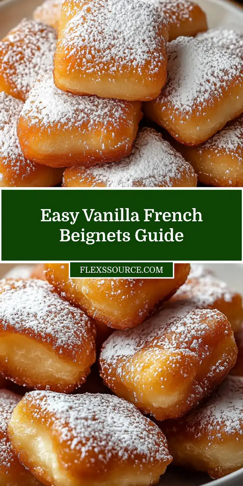 Vanilla French Beignets Recipe: Irresistibly Easy 3 VANILLA FRENCH BEIGNETS RECIPE centered hero view, clean and uncluttered_pin