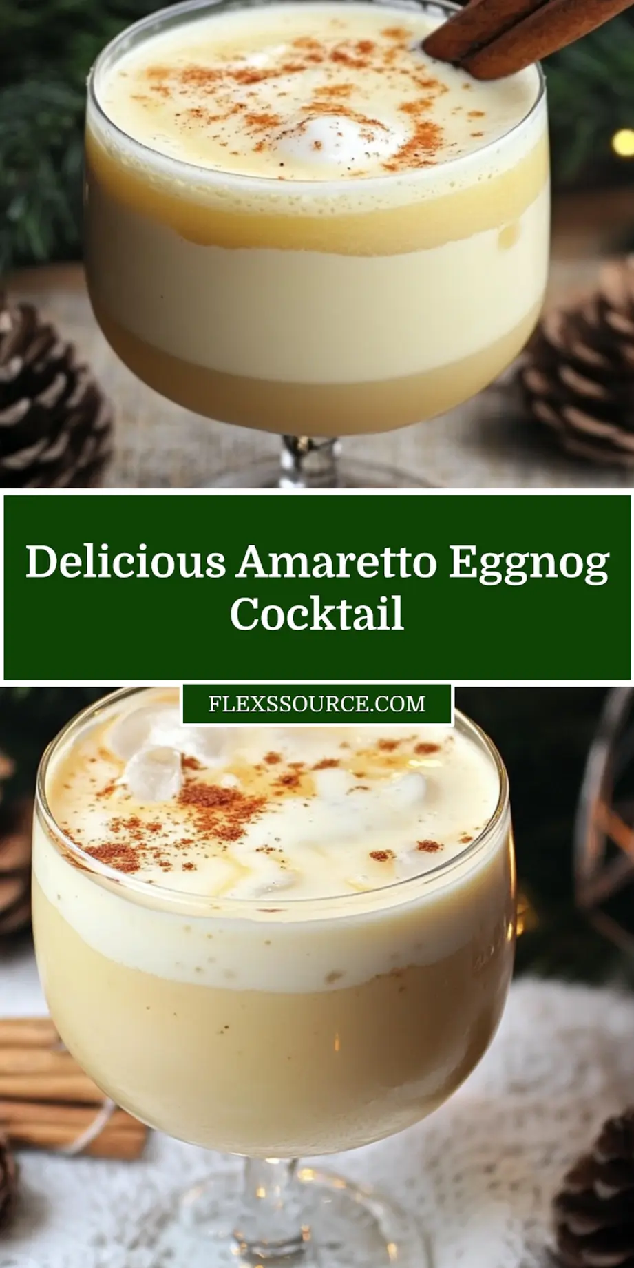 Amaretto Eggnog Cocktail served in a festive glass with cinnamon sprinkle