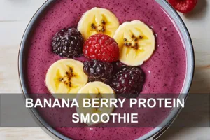 BANANA BERRY PROTEIN SMOOTHIE centered hero view, clean and uncluttered