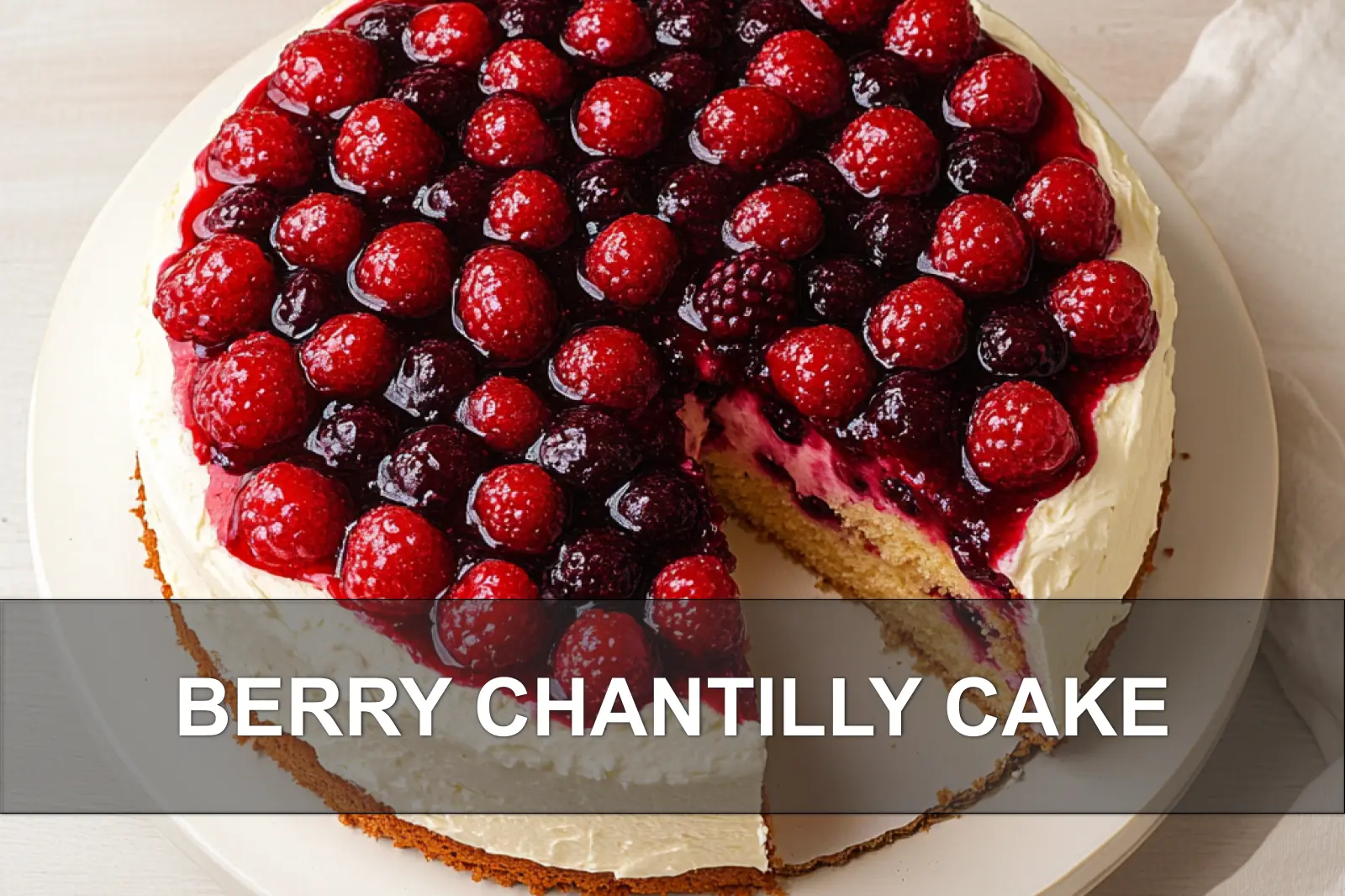 BERRY CHANTILLY CAKE centered hero view, clean and uncluttered