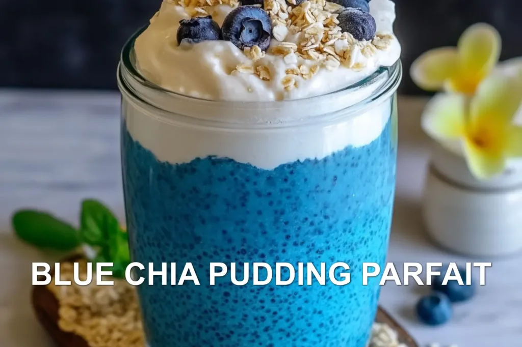 BLUE CHIA PUDDING PARFAIT centered hero view, clean and uncluttered