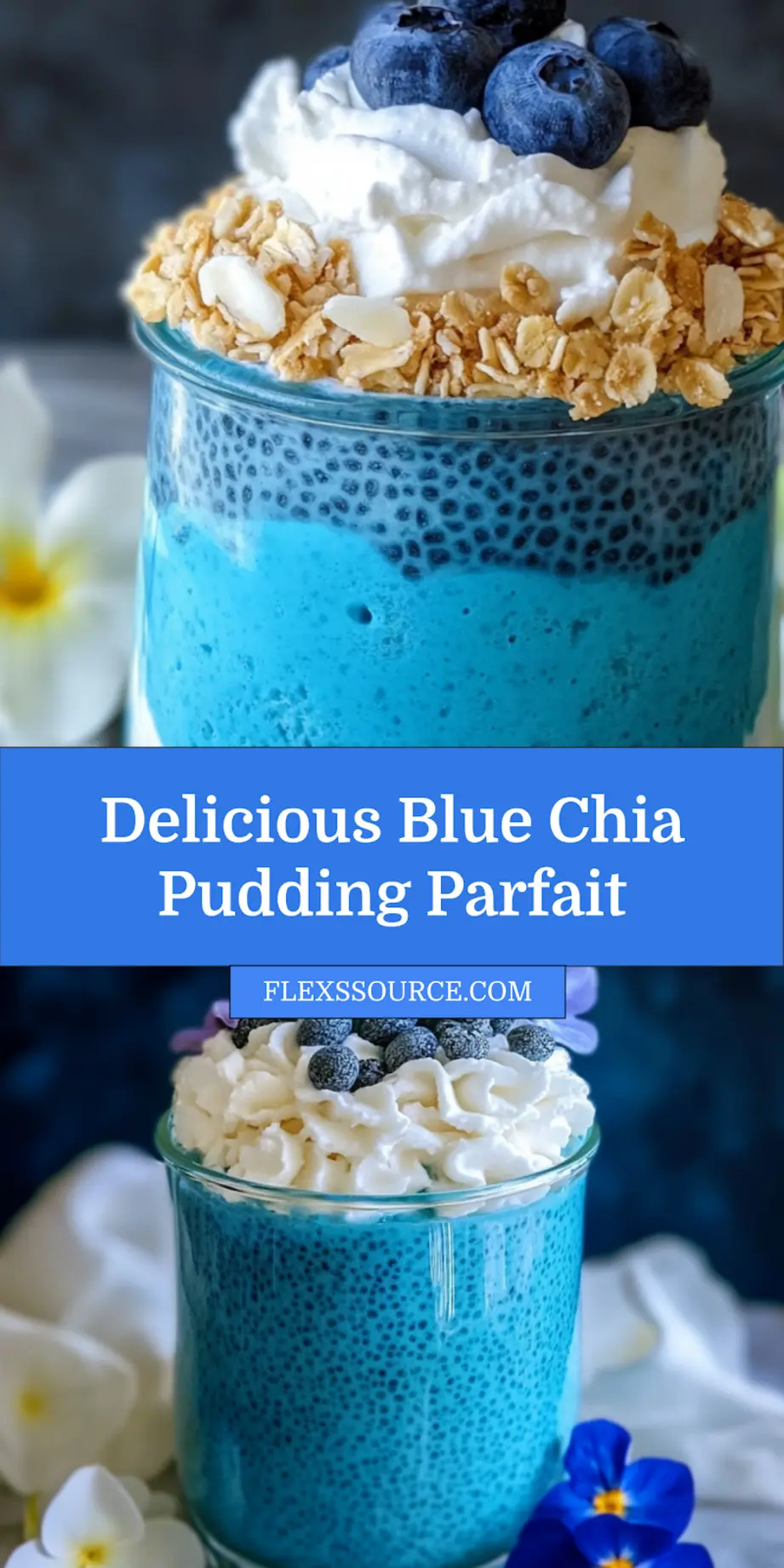 Blue Chia Pudding Parfait neatly layered in a glass jar