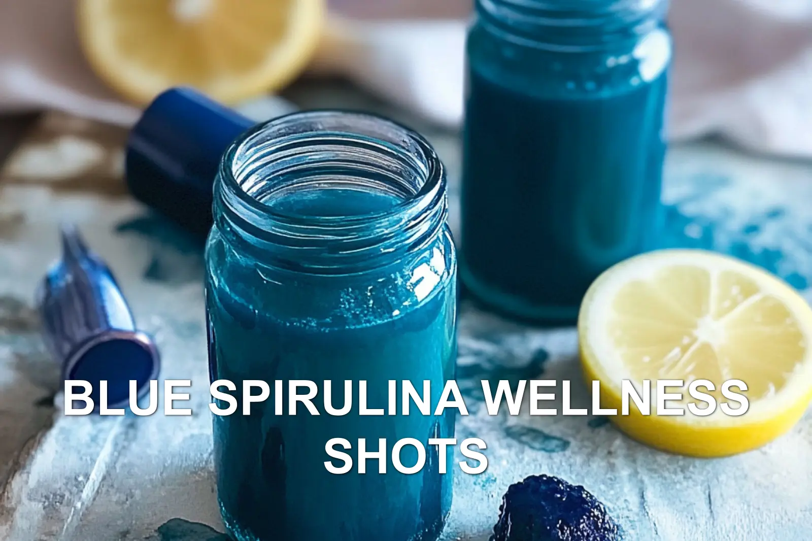 Irresistible Blue Spirulina Wellness Shots - Quick Guide 2 BLUE SPIRULINA WELLNESS SHOTS centered hero view, clean and uncluttered