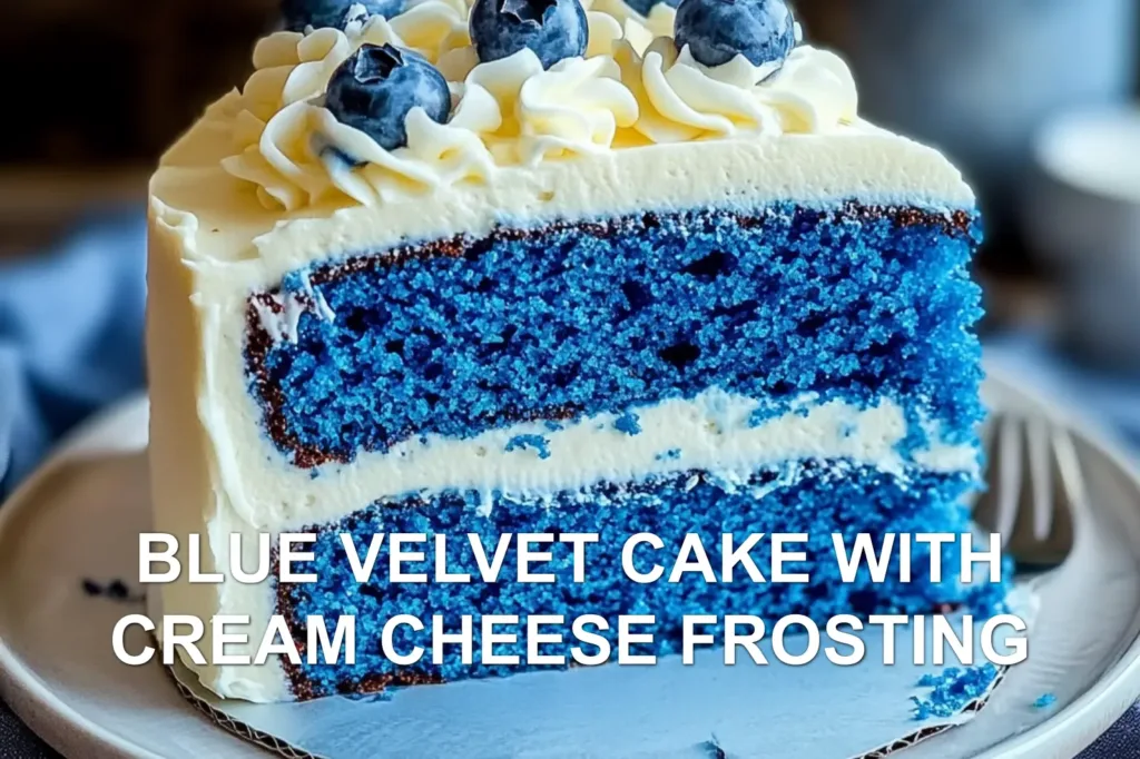 BLUE VELVET CAKE WITH CREAM CHEESE FROSTING centered hero view, clean and uncluttered