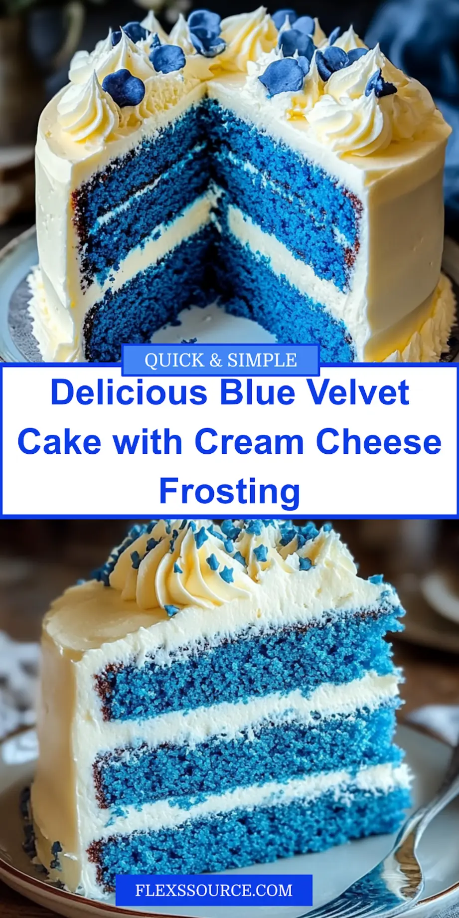 Blue velvet cake with cream cheese frosting on a simple clean background