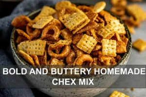 BOLD AND BUTTERY HOMEMADE CHEX MIX centered hero view, clean and uncluttered