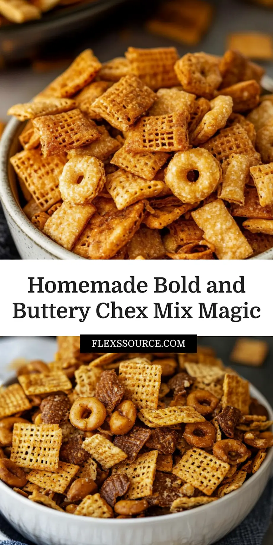 BOLD AND BUTTERY HOMEMADE CHEX MIX centered hero view, clean and uncluttered_pin