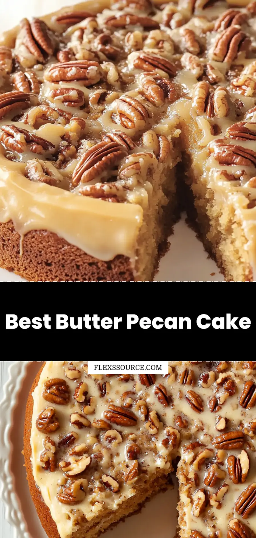 Pin this delicious Butter Pecan Cake recipe for later, showing a centered hero view of the cake.