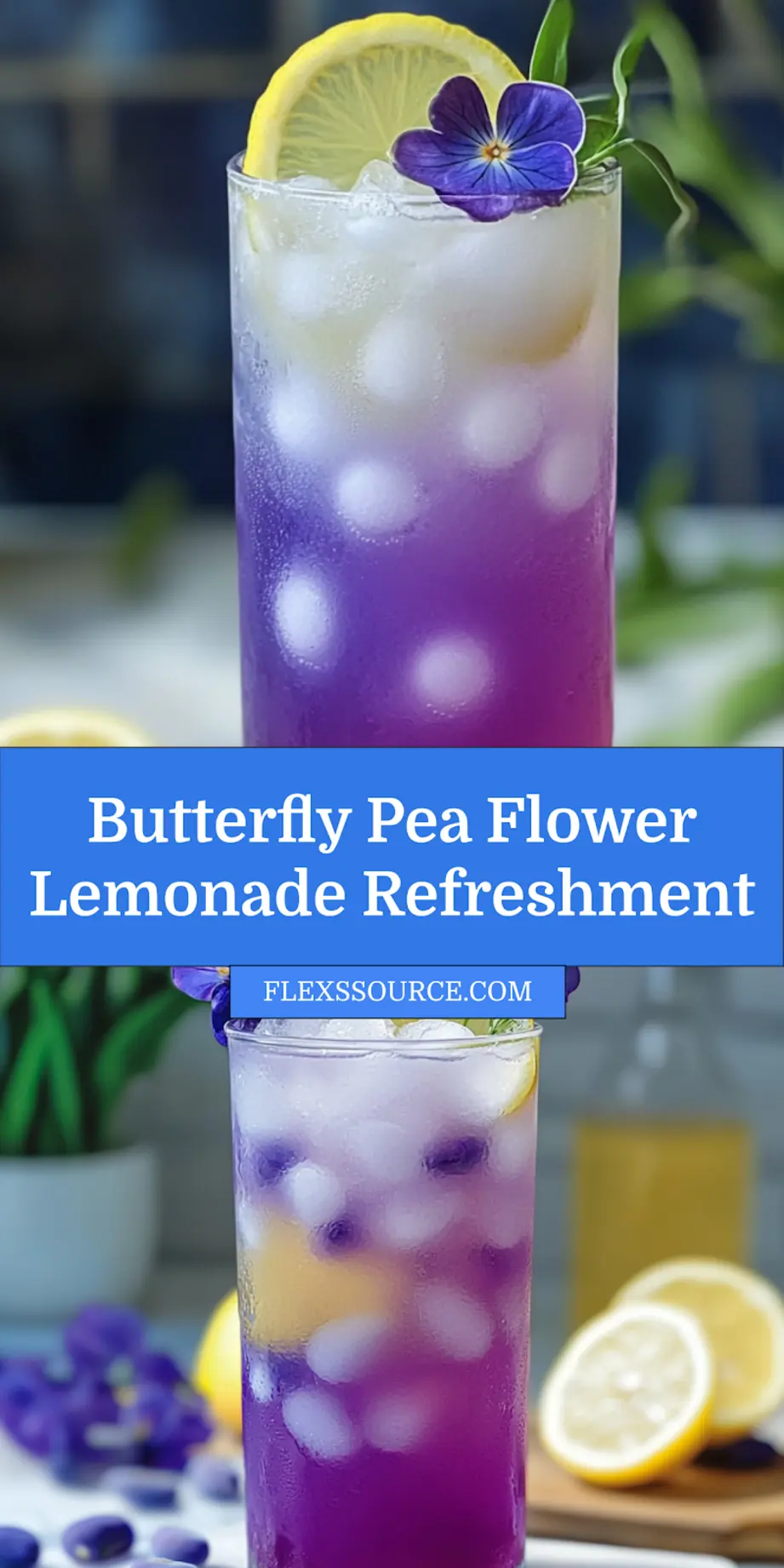 Butterfly pea flower lemonade, centered hero view, clean and uncluttered_pin