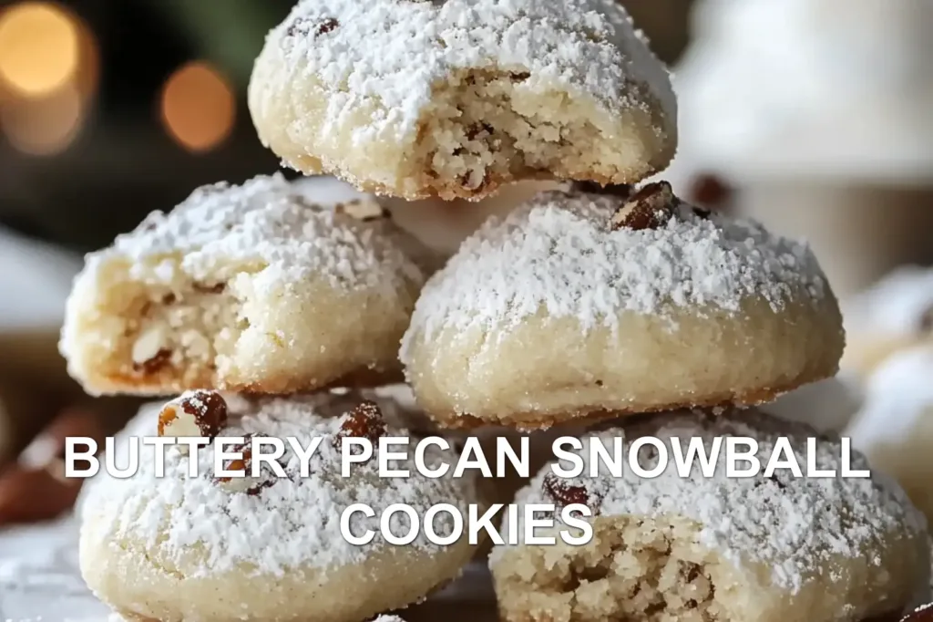 BUTTERY PECAN SNOWBALL COOKIES centered hero view, clean and uncluttered