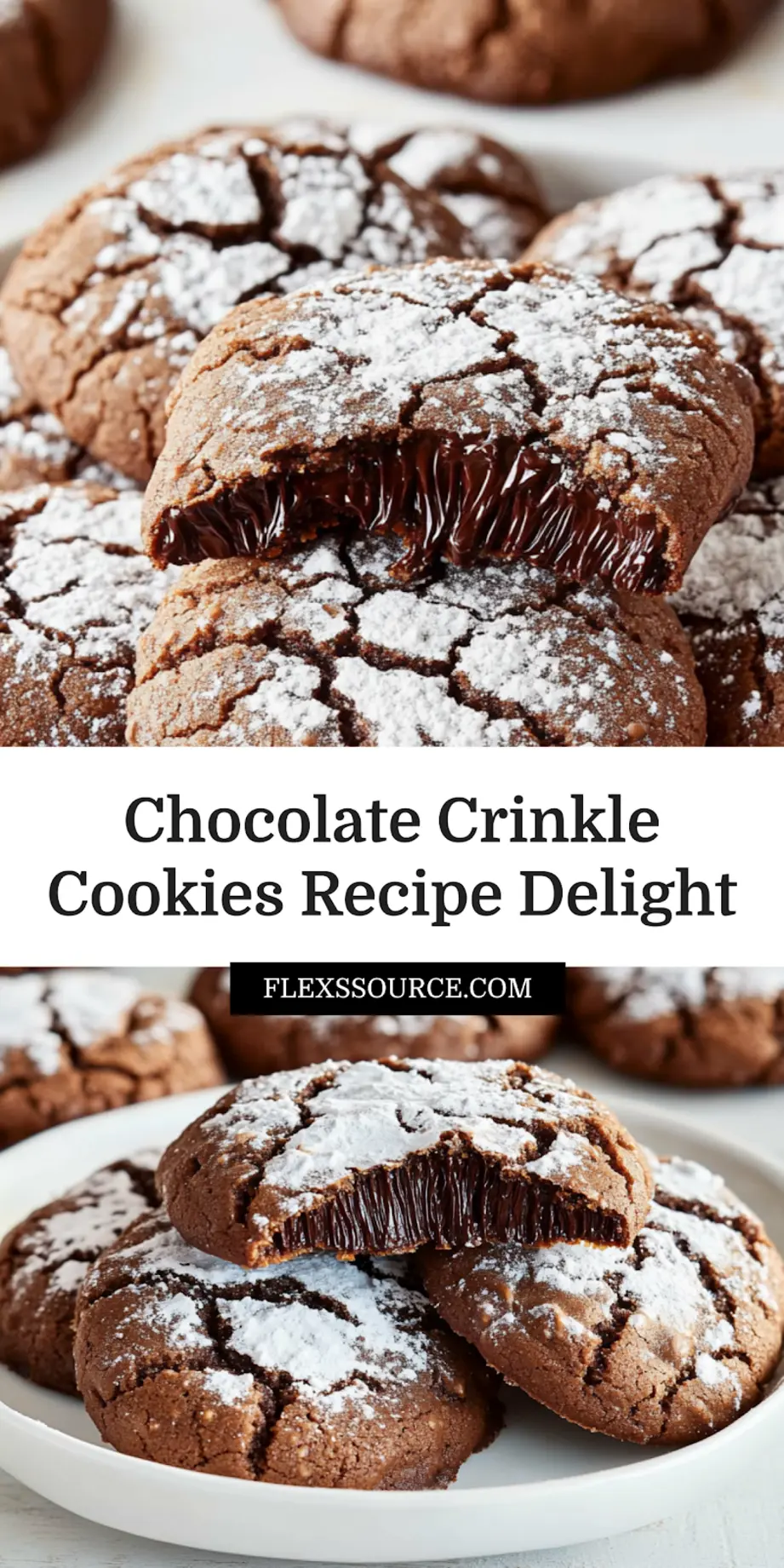 Close-up of chocolate crinkle cookies with powdered sugar coating