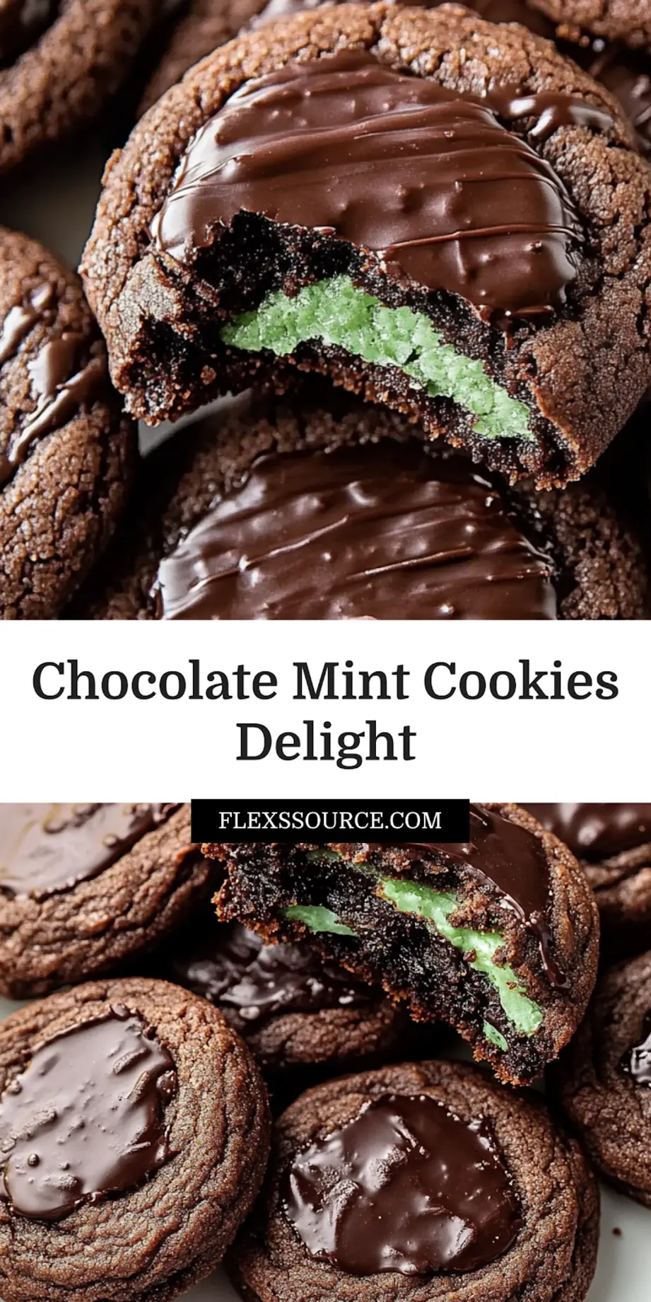 Close-up of freshly baked Chocolate Mint Cookies with mint frosting and chocolate drizzle