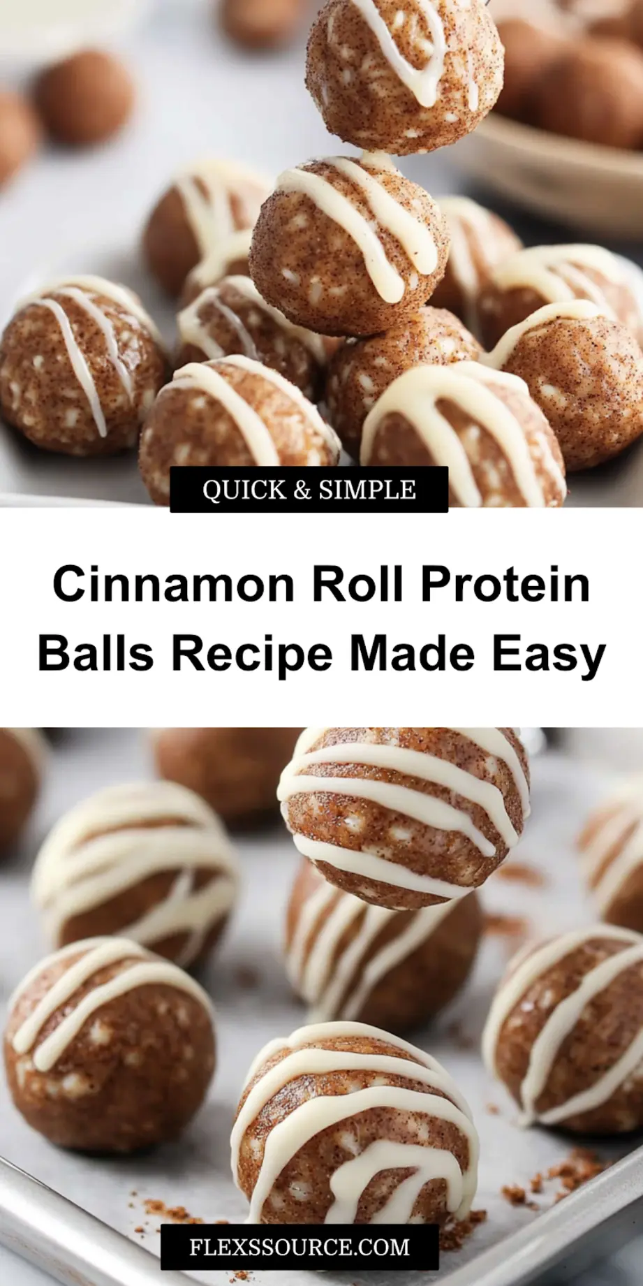 Close-up of cinnamon roll protein balls drizzled with white chocolate on a plate