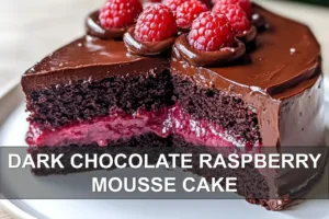 How to Make Dark Chocolate Raspberry Mousse Cake Perfectly DARK CHOCOLATE RASPBERRY MOUSSE CAKE centered hero view, clean and uncluttered