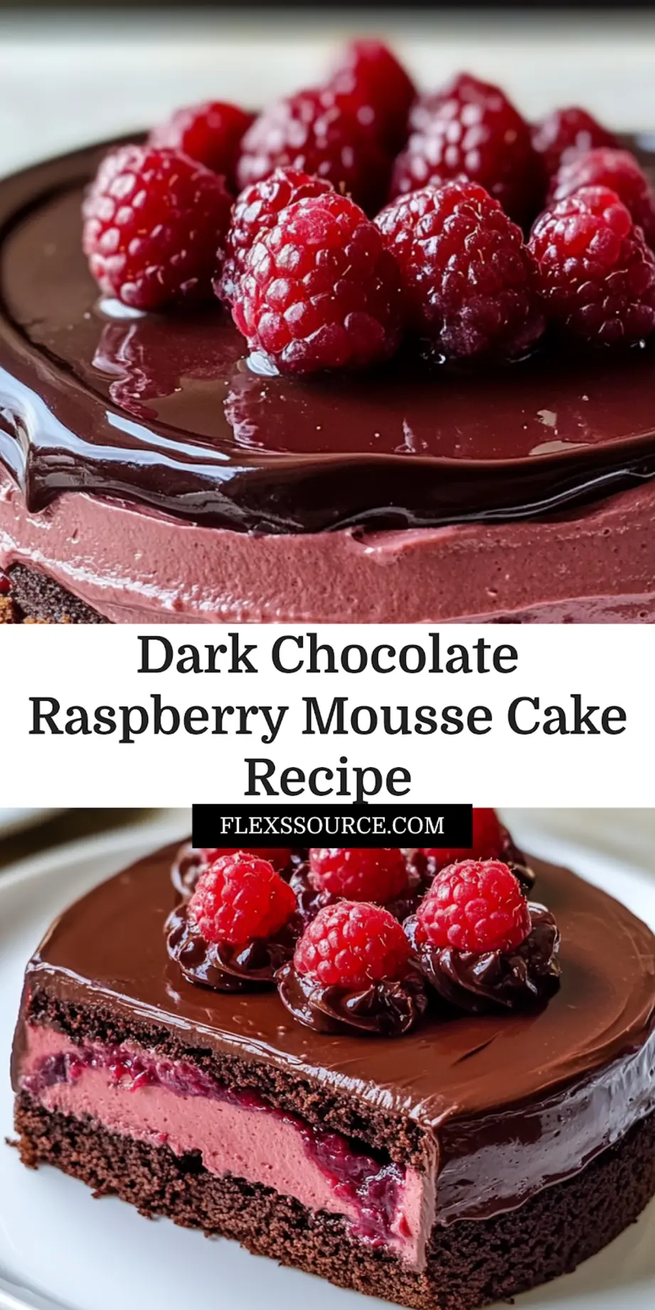 Dark Chocolate Raspberry Mousse Cake centered hero view, clean and uncluttered pin