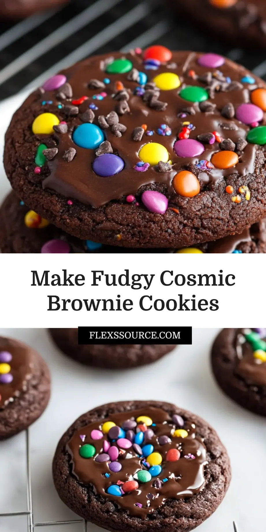 Fudgy Cosmic Brownie Cookies freshly baked, thick and rich with rainbow chips on top