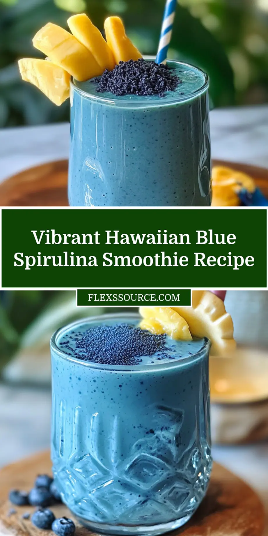Hawaiian Blue Spirulina Smoothie, vibrant blue drink served in a glass, clean and uncluttered