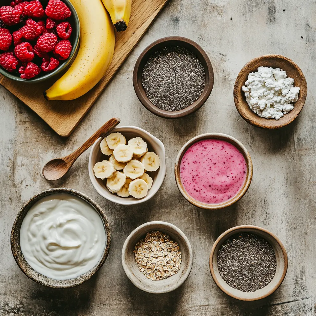 Banana Berry Protein Smoothie ingredients neatly arranged