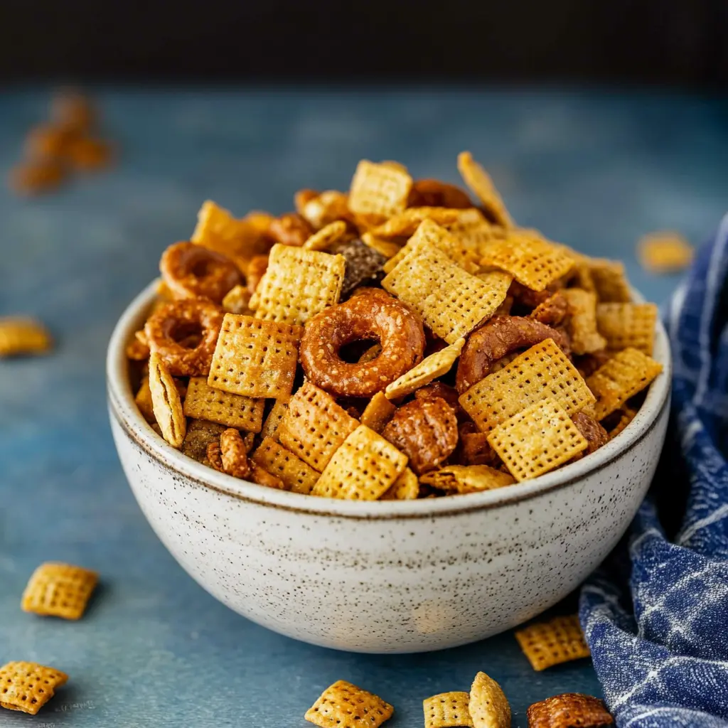 BOLD AND BUTTERY HOMEMADE CHEX MIX centered hero view, clean and uncluttered
