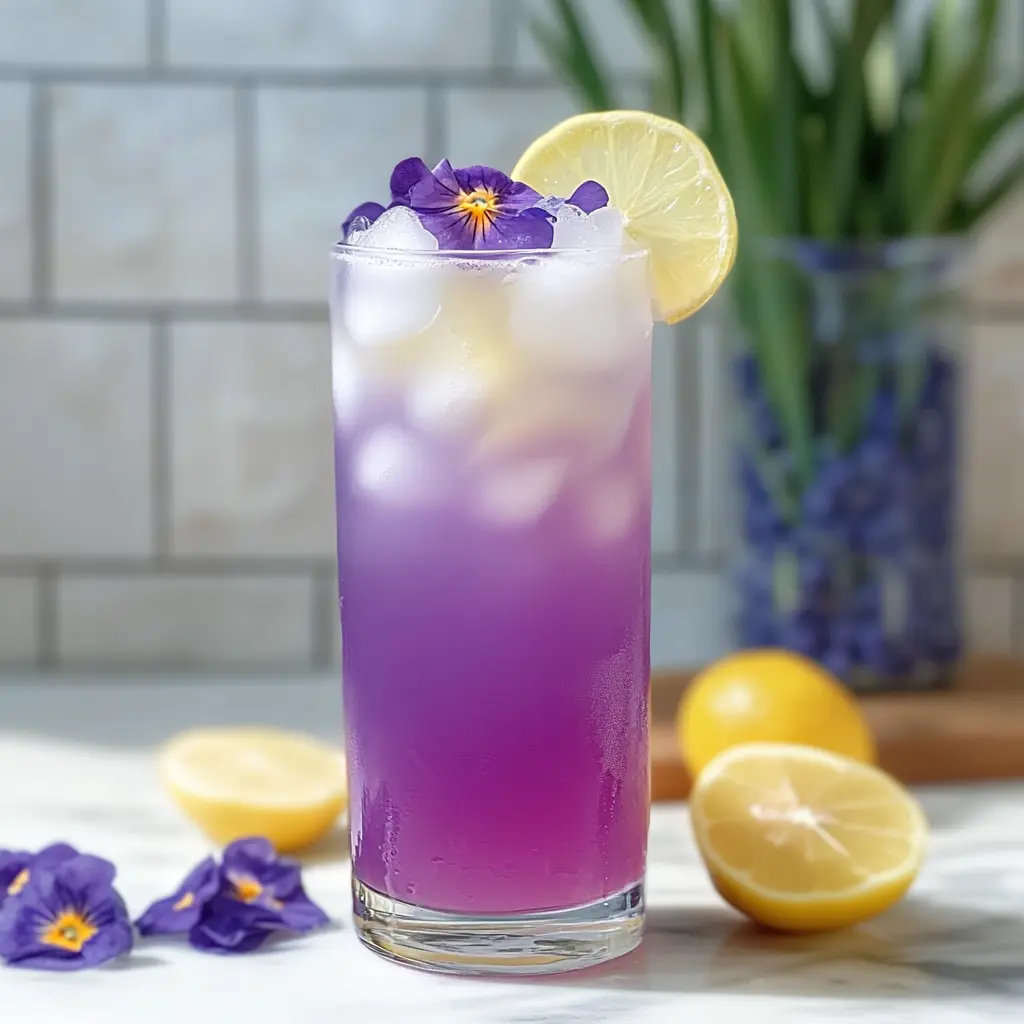 Butterfly pea flower lemonade, centered hero view, clean and uncluttered