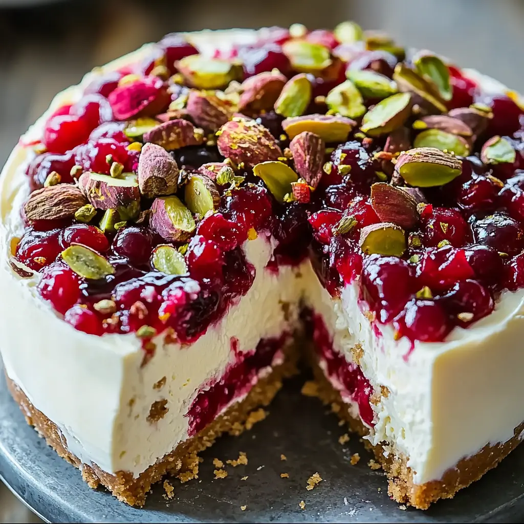 Cherry Pistachio Cheesecake ingredients neatly arranged, clean and uncluttered