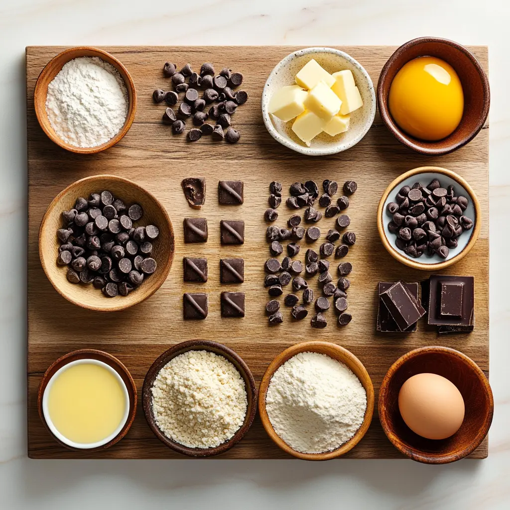 A pristine overhead shot showcasing the ingredients for chewy chocolate chip cookies, neatly arranged on a white surface.