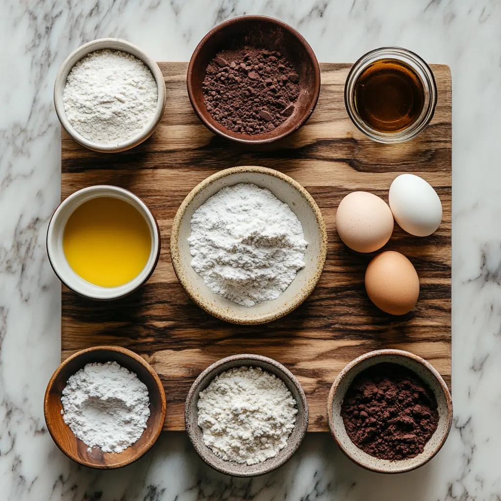 Ingredients for chocolate crinkle cookies arranged neatly