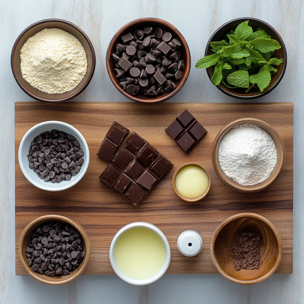 Ingredients laid out for Chocolate Mint Cookies recipe, arranged neatly on a table